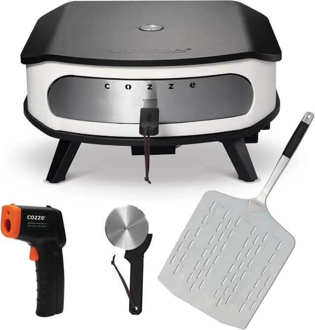 Cozze® 17" Pizzaofen Gas mit drehbarem Stein & LED + Geschenkset mit Pizzaschaufel, Thermometer & Pizzaschneider