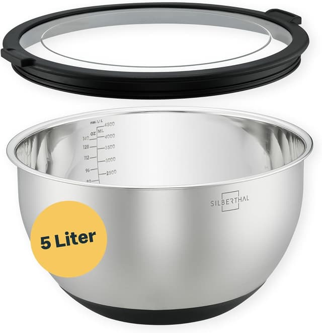 SILBERTHAL Edelstahl Schüssel mit Deckel - 5l Rührschüsseln zum Servieren, Kochen, Backen, Aufbewahren - Rutschfester Boden