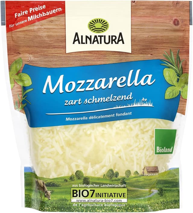 Alnatura Mozzarella gerieben. Ohne Zusatz von Trennmitteln gerieben
